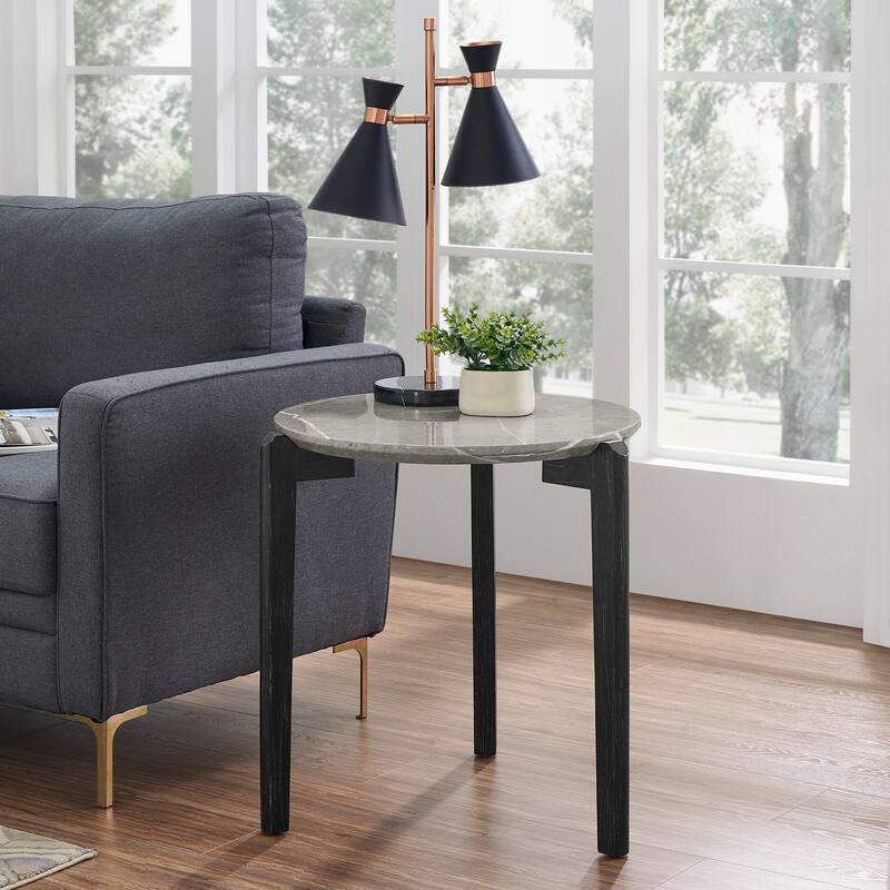 Modern 24-Inch Round Coffee Table - Stylish Imitation Marble Top with Solid Rubber Wood Legs-Perfect Small Wooden Coffee Table