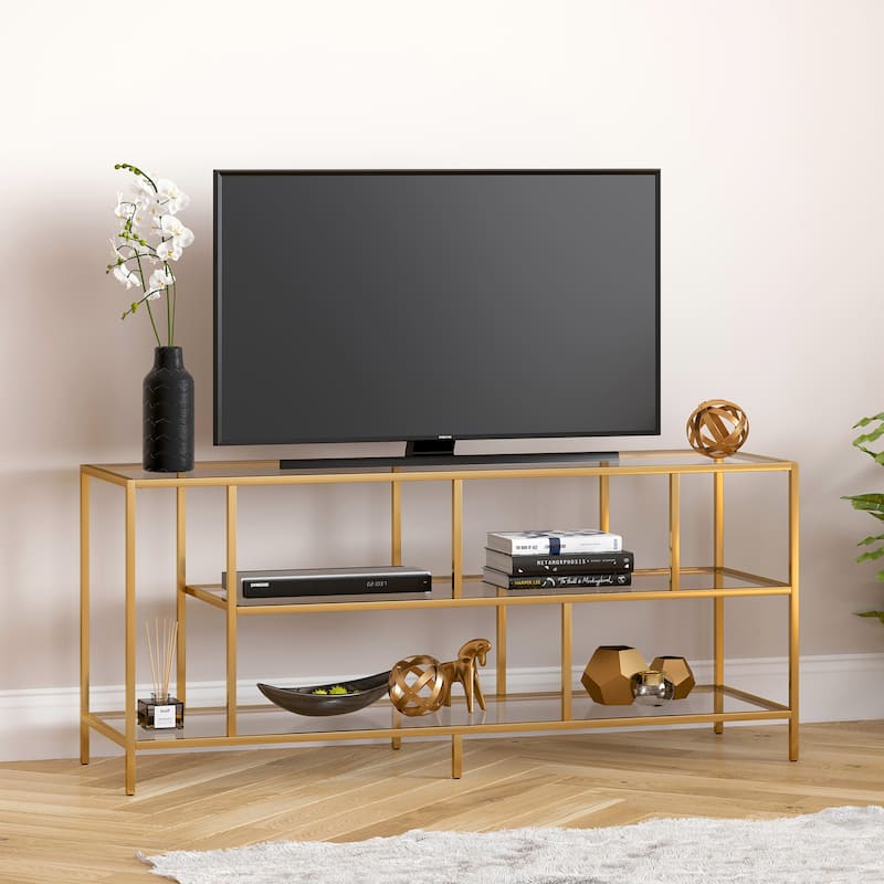 Winthrop TV Console - 55" Brass with Glass Shelves