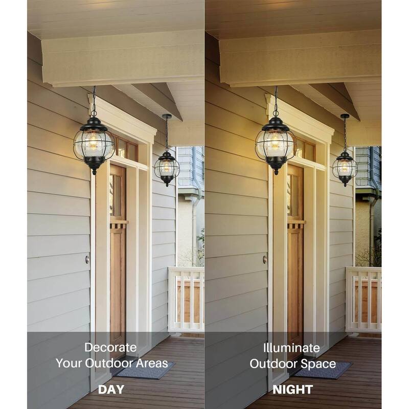 Modern Farmhouse Black 1-Light Outdoor Pendant Light Glass Patio Lantern Lamp - D10" X H12"