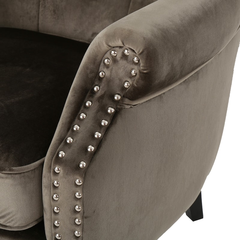 Grey Modern 32" High Back Velvet Upholstered Button Tufted Club Chair with Birch Wood Legs and Nailheads