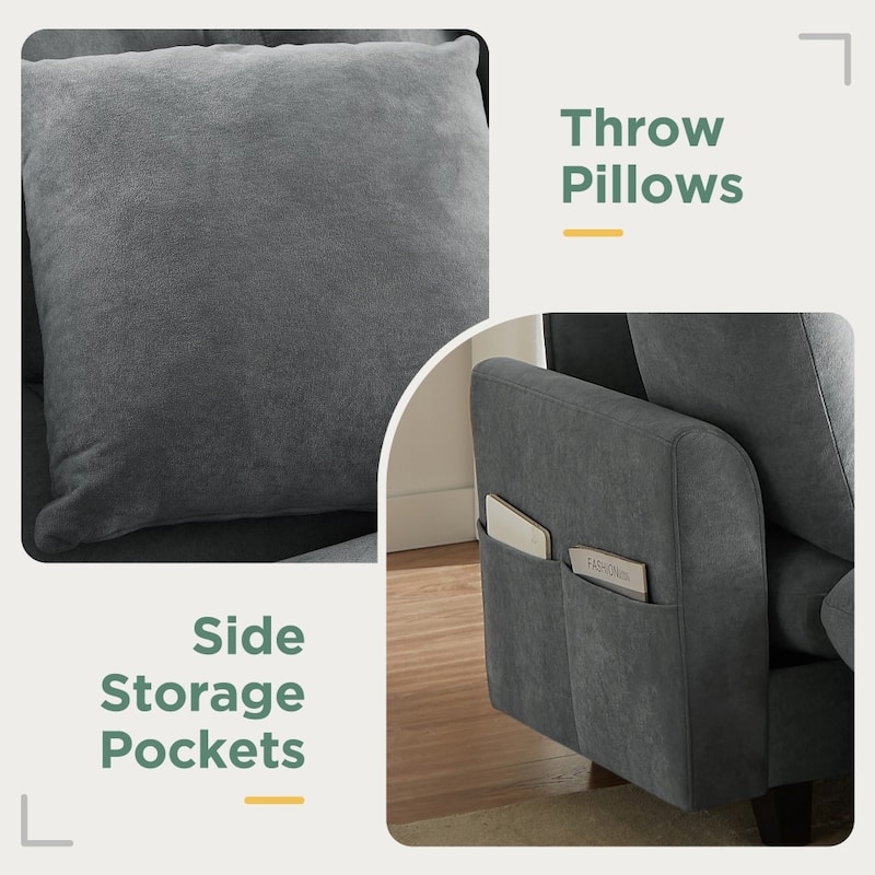 83" Upholstered Sectional Sofa with Movable Ottoman and Six Pillows, Ample Storage Space