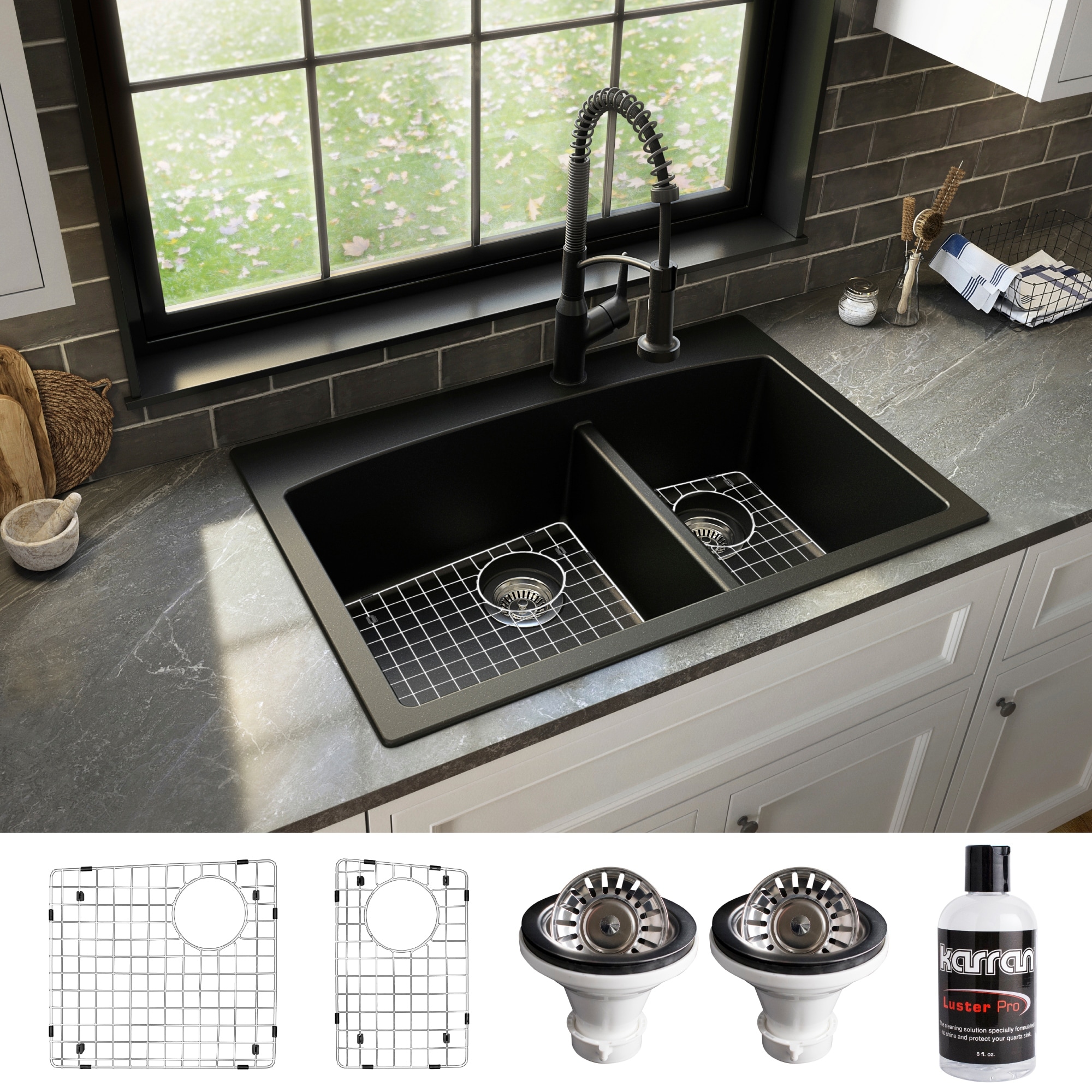 Karran Drop-In Quartz 33 in. 1-Hole 60/40 Double Bowl Kitchen Sink Kit