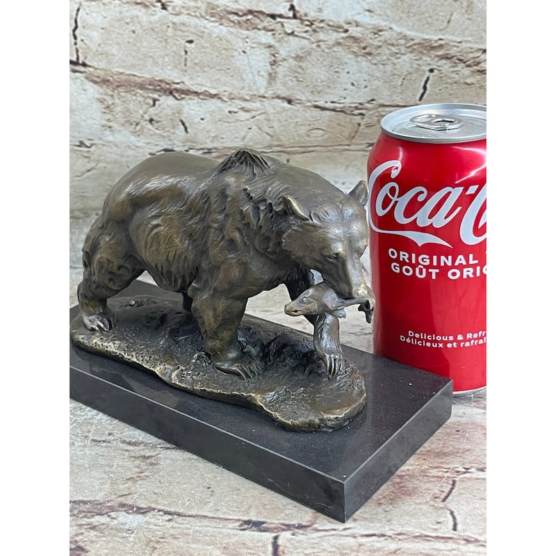 Bronze Grizzly Bear Hunting Fish River Sculpture Art Figurine Marble Base Figure