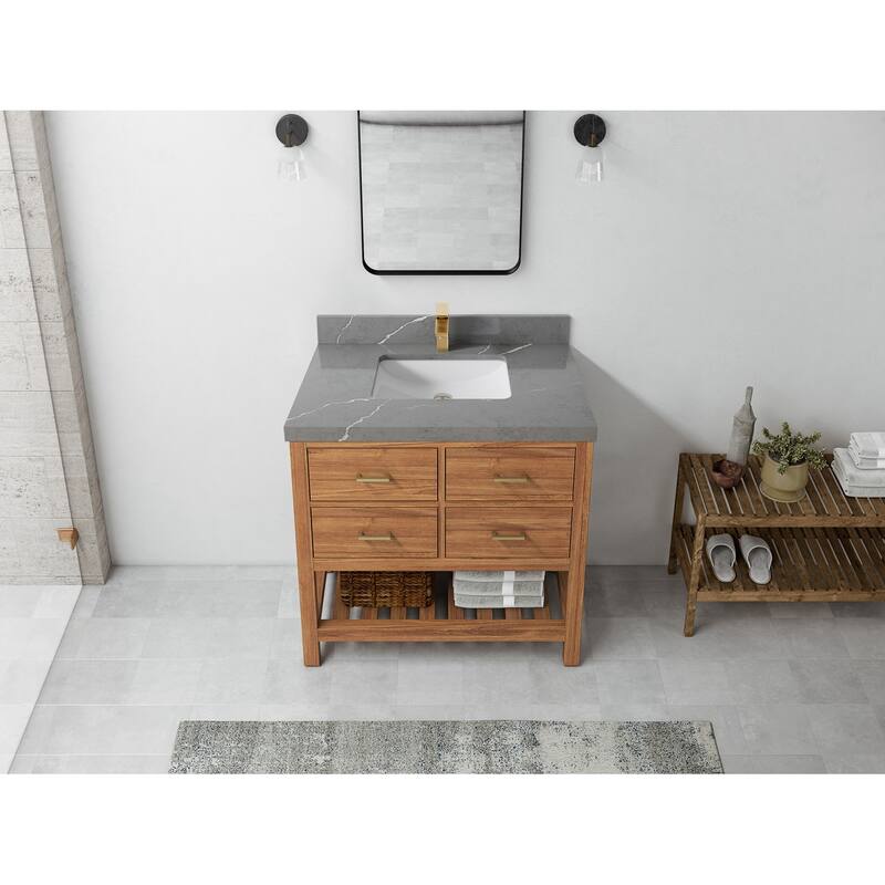 Willow Collections 36 in. W x 22 in. D Parker Solid Teak Wood Single Sink Bathroom Vanity with Quartz or Marble Countertop - 2"Piatra Gray - Golden Teak