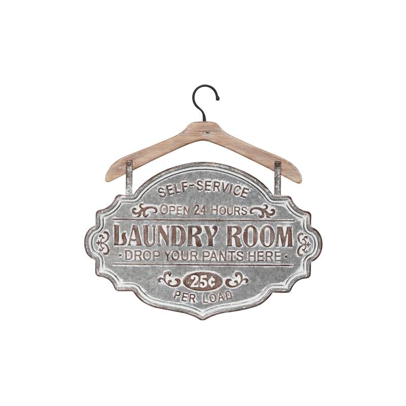 Gray Metal Laundry Room Sign Home Wall Decor with Brown Wood Hanger