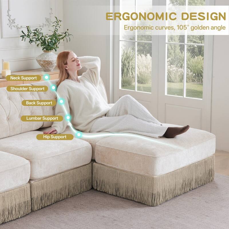 106" Velvet Sectional Sofa with Tassel Skirt Design and Ottoman