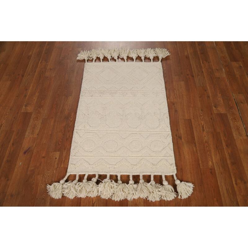 Geometric Moroccan Oriental Foyer Rug Hand-Knotted Ivory Wool Carpet - 2'0"x 3'0"