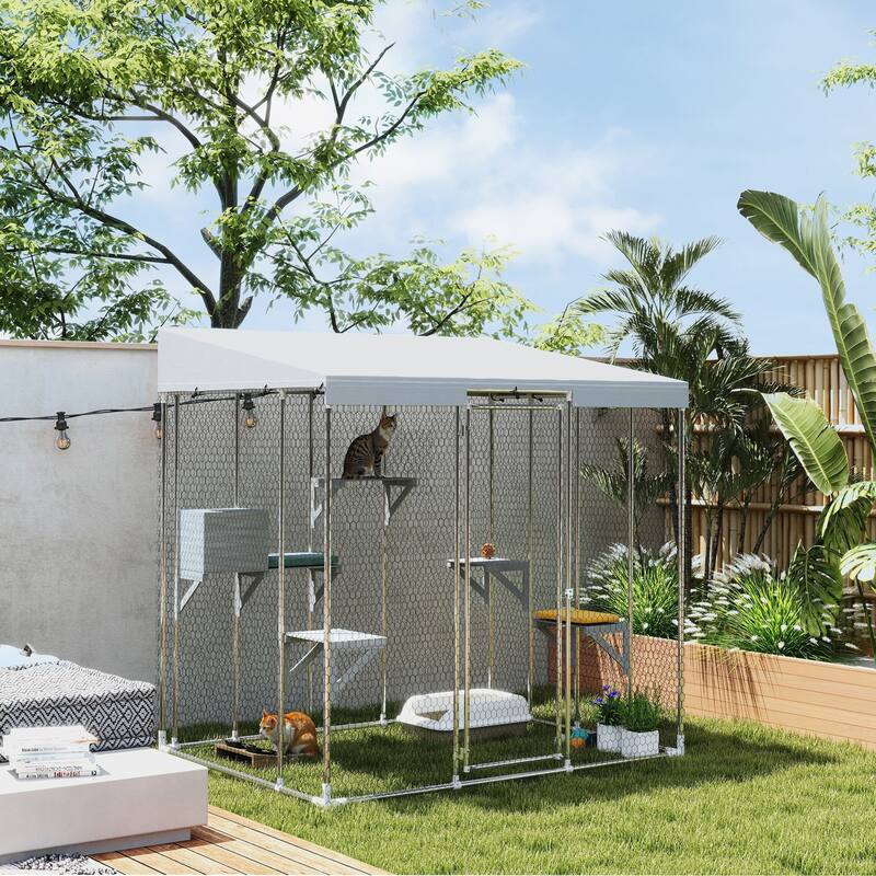 PawHut 79" Large Catio Outdoor Cat Enclosure, Galvanized Steel Outdoor Cat House with 420D Waterproof Canopy, Silver