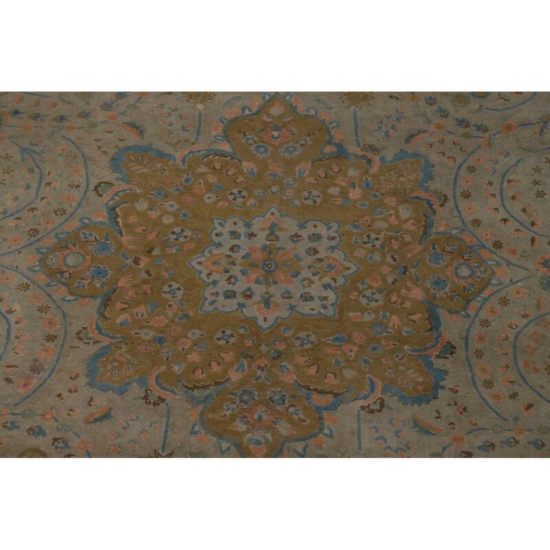 Distressed Tabriz Vintage Persian Rug Hand-Knotted Grey Wool Carpet - 9'11" x 12'10"