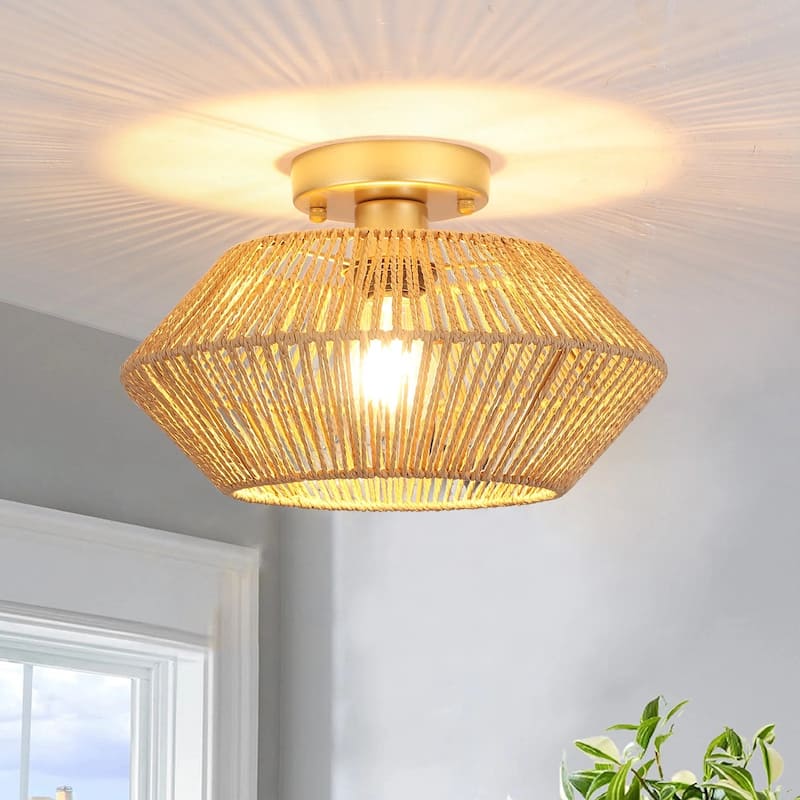 1-Light Farmhouse Style Classic Semi Flush Mount Chandelier, Hand-Woven Semi-Flush Mount Ceiling Light with Drum Shade