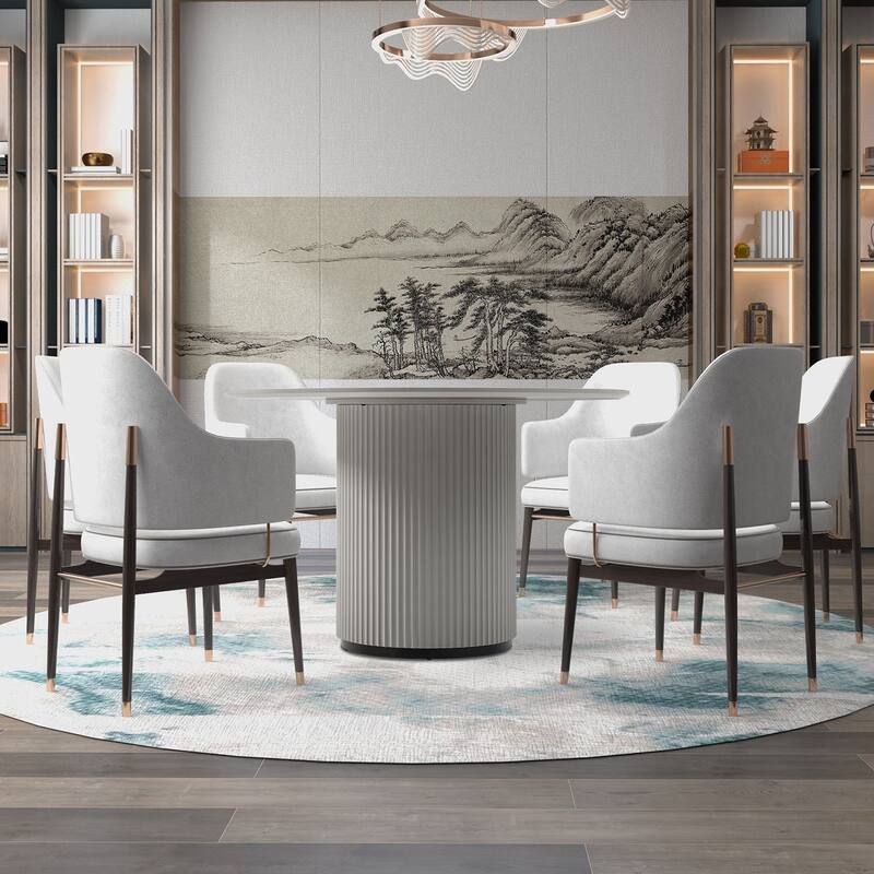 Modern Black Gray 4-6 People Round Dining Table with Roman Columns for Dining Room