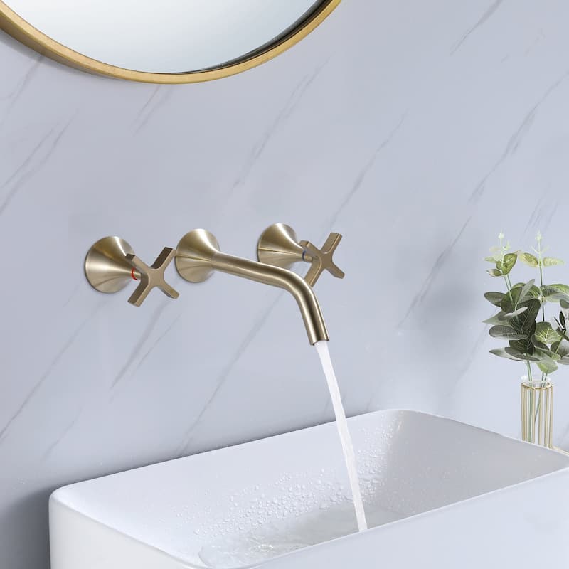 Brushed Gold Round 3-Hole Wall-Mount Bathroom Faucet