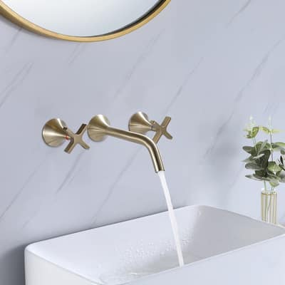 Brushed Gold Round 3-Hole Wall-Mount Bathroom Faucet