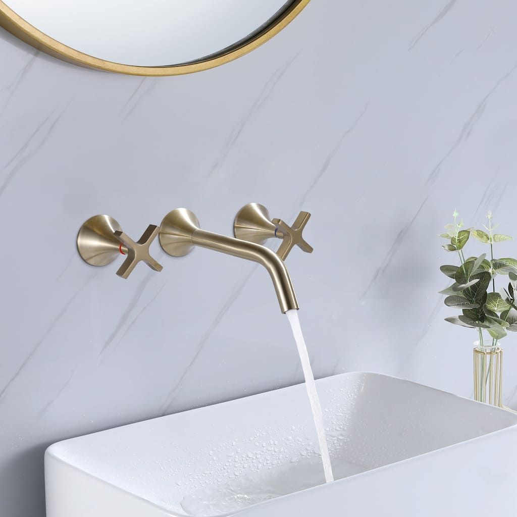 Brushed Gold Round 3-Hole Wall-Mount Bathroom Faucet
