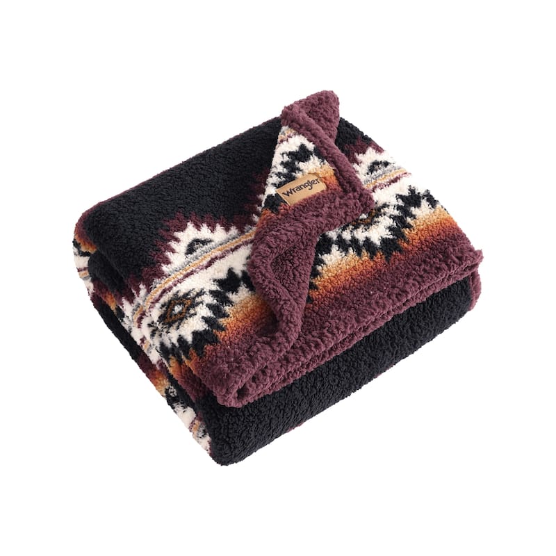 Wrangler Mountain Fog Printed Sherpa Brown Throw Blanket