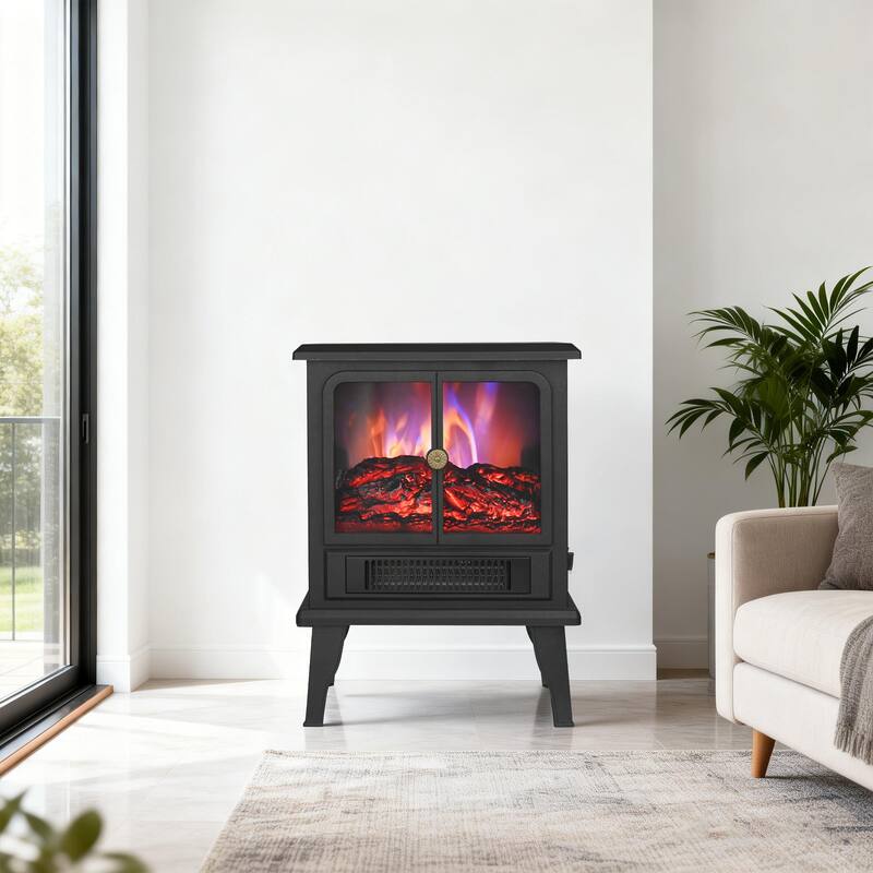 1500W Freestanding Electric Stove Fireplace Heater with Realistic Flame and Overheat protection - 14" L x 8.11" W x 18.9" H