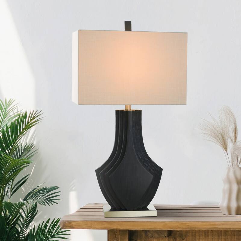 Black Layered Table Lamp - Matte Black Finish on Polyresin Body - Natural Shade