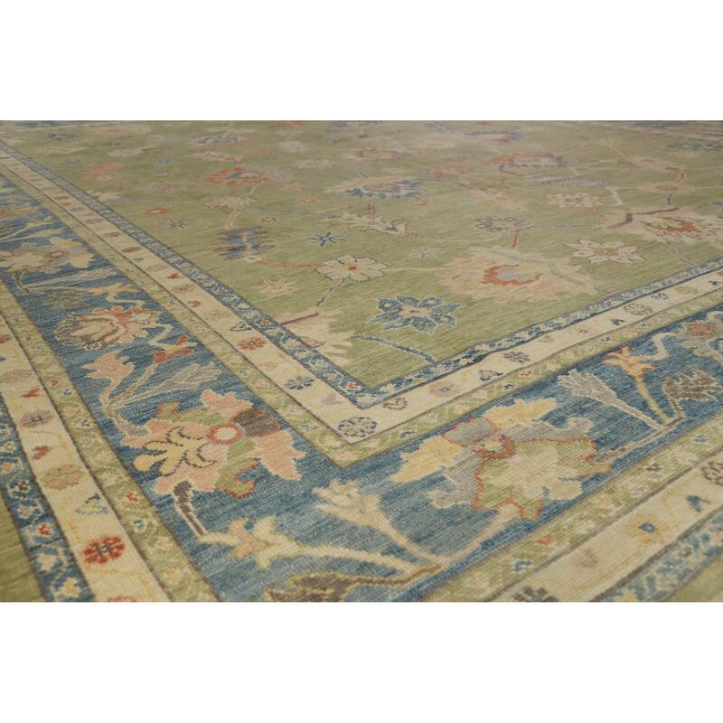 Hand Knotted Oriental 100% Wool Carpet Transitional All-Over Green Oushak Area Rug - 15' 1'' X 12' 2''