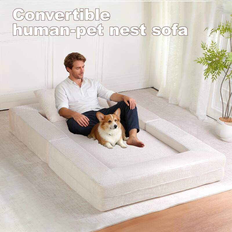 Compression Human Dog Sofa Bed for Adult & Pets, Modern Floor Couch With Pillow for Living Room Bedroom, Corduroy Fabric