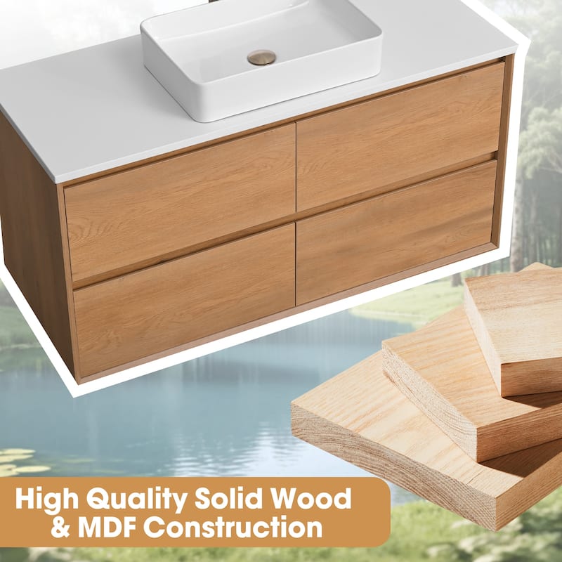 48" Floating Bathroom Vanity Quartz Counter Top with Ceramic Vessel Sink