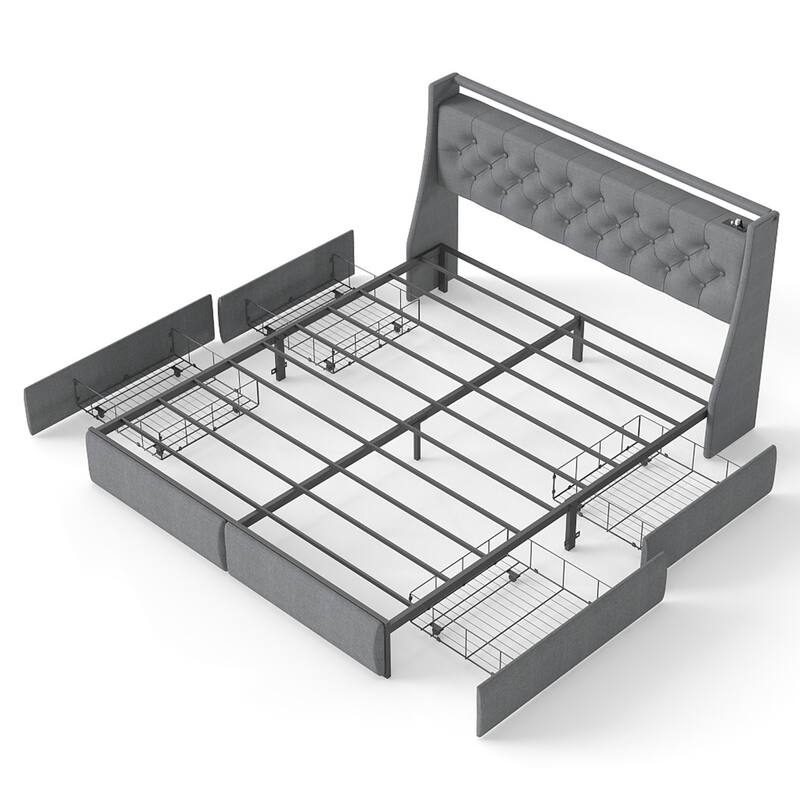 Metal Platform Bed Frame with Underbed Storage Drawers, LED Storage Headboard with Charging Station