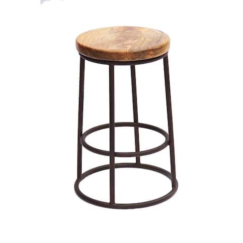 The Urban Port Wooden 24 Inch Circular Counter Height Bar stool With Metal Base, Brown And Black