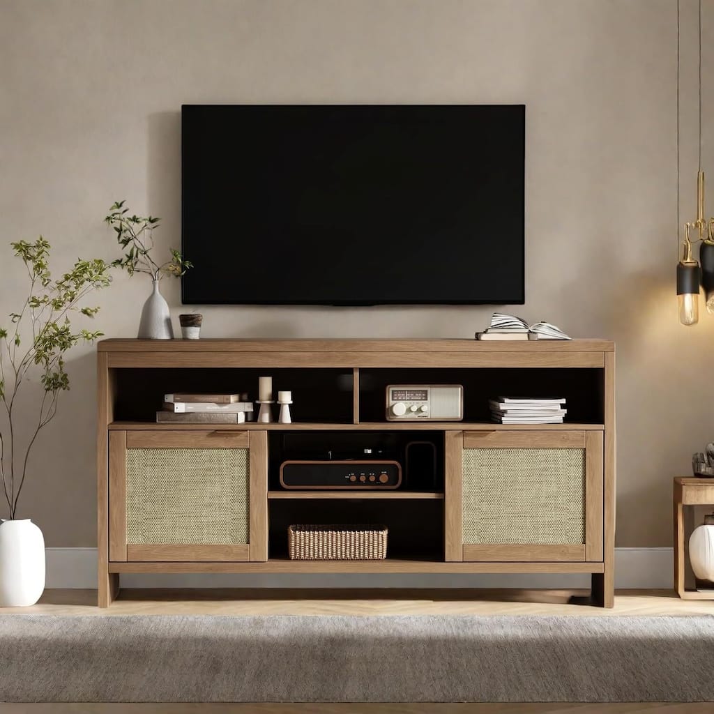 58" Rattan TV Stand for TVs up to 65", Boho Style Entertainment Center - N/A