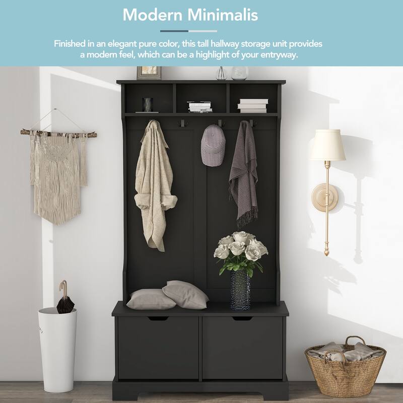 ON-TREND All in One Hall Tree with 3 Top Shelves and 2 Flip Shoe Storage Drawers