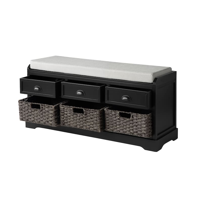 Wood Storage Bench with Cushion,3 Drawers and 3 Baskets