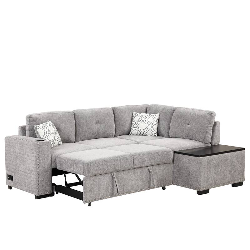 83.8'' L-Shaped 4 Seater Sectional Sofa with Pull-Out Bed, Storage Chaise, USB Ports, Power Sockets, and Cup Holders