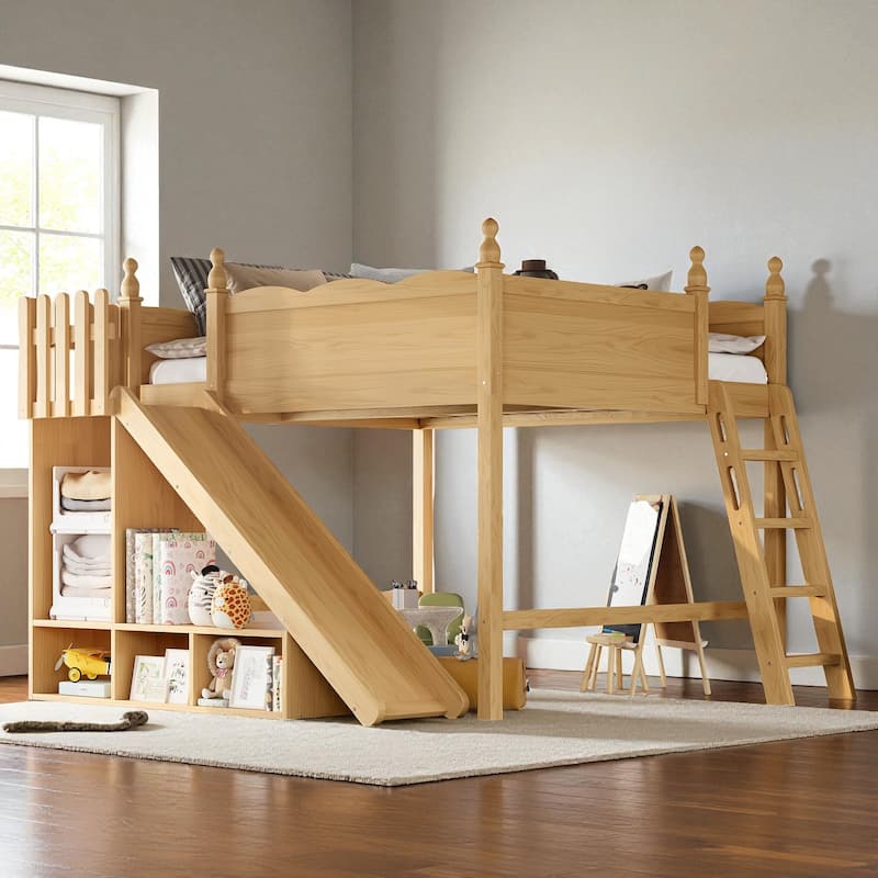 Full/Queen Loft Bed with Storage Shelves, Cabinet & Detachable Slide, Solid Wood Loft Bed with Ladders, No Box Spring