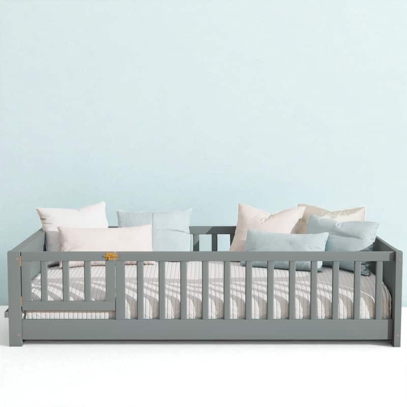 Twin Size Floor Platform Bed with Guardrails, Revolving Door and Built-in Book Rack