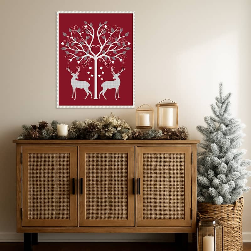 Christmas Des Deer and Heart Tree Grey on Red by Fab Funky (23 x 28 in.), Framed Canvas Wall Art Print - Sylvie Beaded White