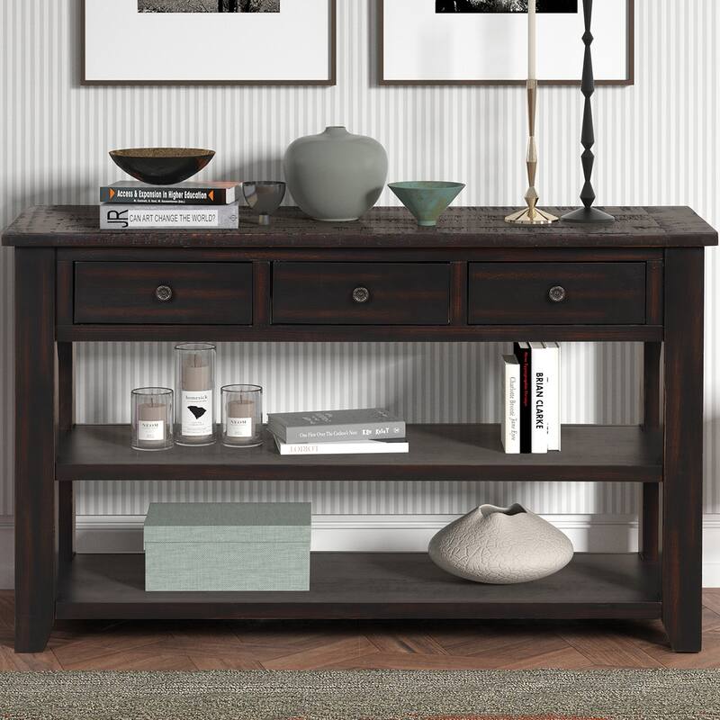 48" Solid Pine Wood Top Console Table, Modern Entryway Sofa Side Table with 3 Storage Drawers and 2 Shelves - Black