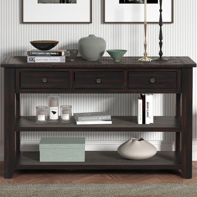 Solid Pine Wood Top Console Table with 3 Drawers and 2 Shelves - Black