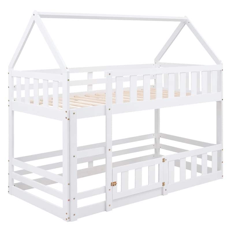 Pine Wood Twin over Twin House Shape Bunk Bed with Fence and Door ...