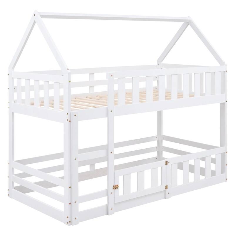 Wooden Twin over Twin House Bunk Bed with Fence and Door