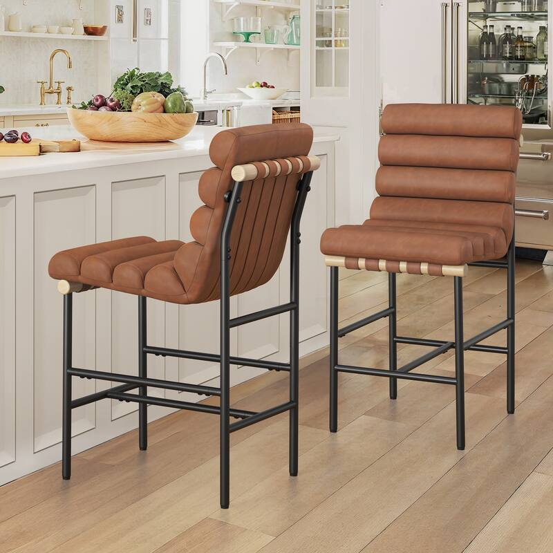 26" Counter Height Solid Wood and Metal Frame Barstool Upholstered Back Bar Stool for Kitchen Island - Brown/Faux Leather - Set of 2