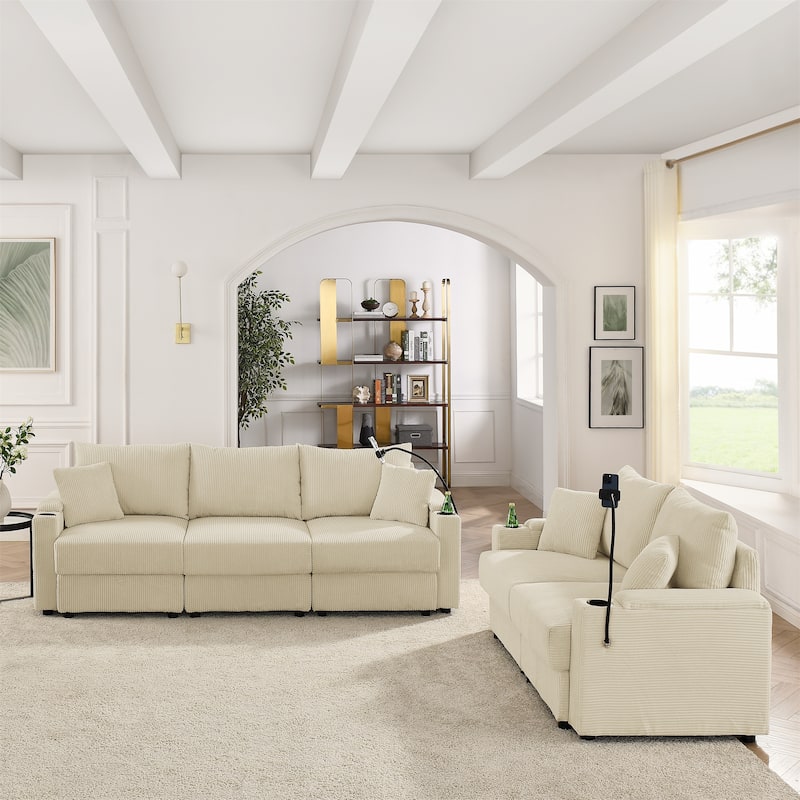 Deep Seat Loveseat Sofa & 3 Seater Couch Set, Corduroy Upholstered Storage Sofa with Cup Holders and Phone Stands, 2pc - Beige