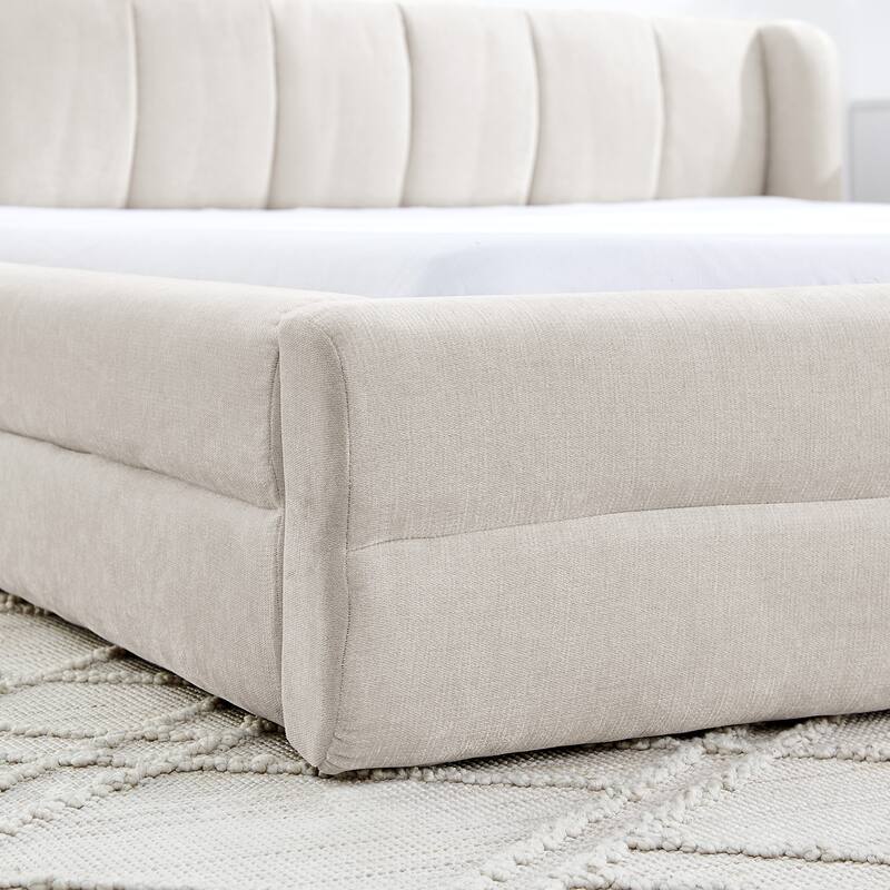 Roomfitters Queen Upholstered Chenille Fabric Low Platform Bed with Rounded Headboard, Solid Frame