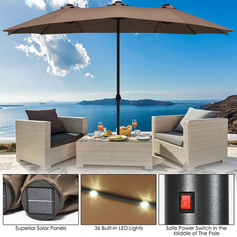 15 Ft Patio LED Crank Solar Powered 36 Lights Umbrella