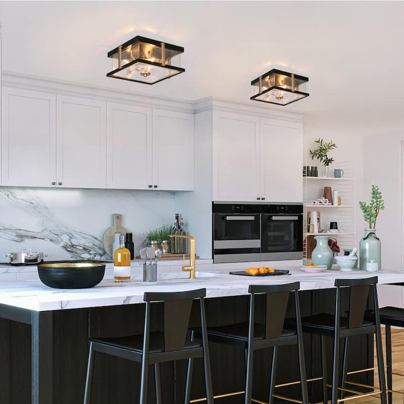 Modern 3-Light Black Gold Square Glass Flush Mount Ceiling Foyer Light - 12" L x 12" W x 5.5" H