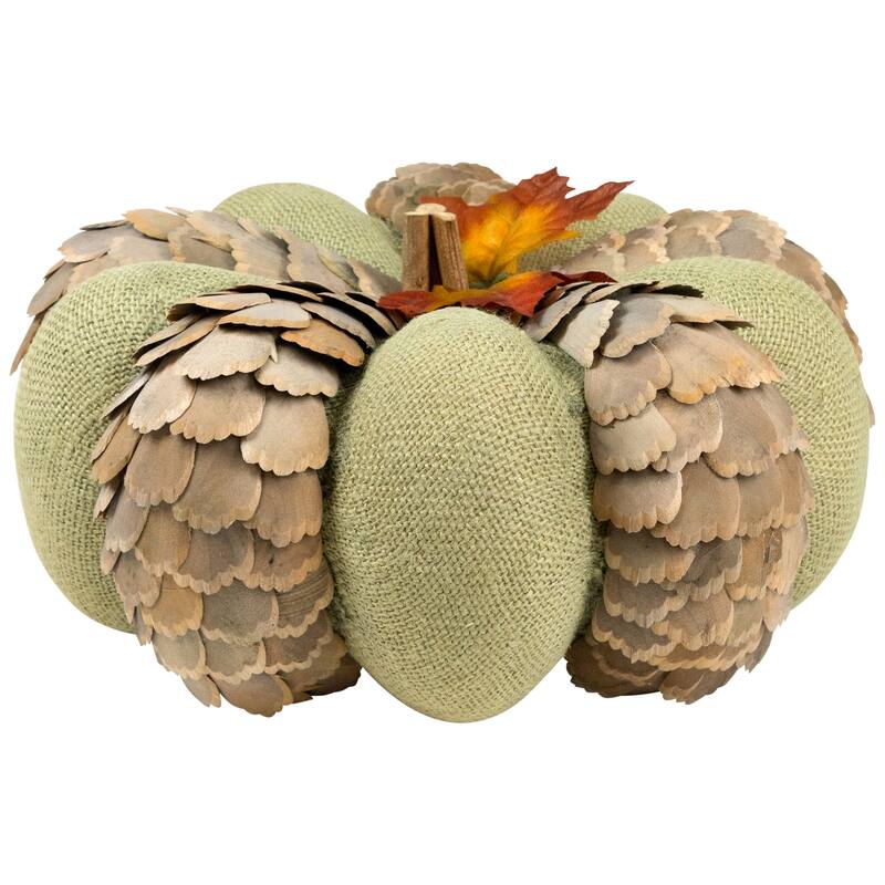 Layered Wood Petals and Burlap Fall Harvest Pumpkin - 10" - Green and Beige