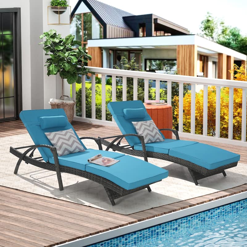 Outdoor Wicker Long Reclining Chair Set of 2 with Cushions