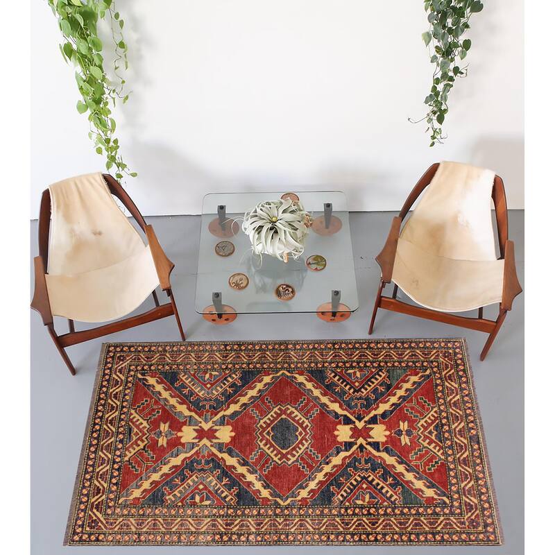 Southwestern Super Kazak Ryker Red/Beige Hand Knotted Wool Rug - 3'8'' x 5'5''