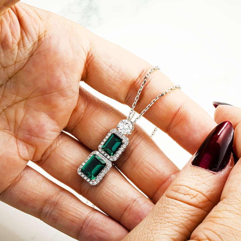 House Of Leon White Gold Emerald & Round Diamond Drop Necklace 3.94ct