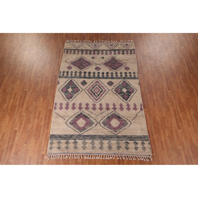 Geometric Plush Moroccan Area Rug Handmade Beige Wool Carpet - 6'9" x 10'4"