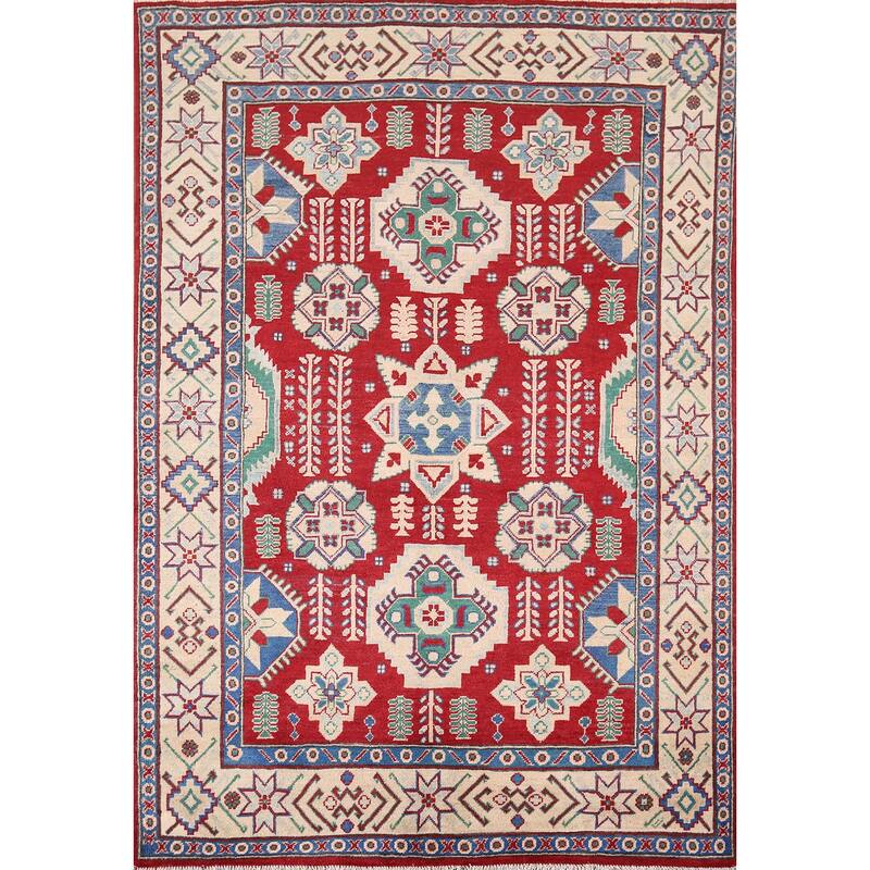 Red Kazak Oriental Area Rug Handmade Traditional Wool Carpet - 5'1" x 6'11"