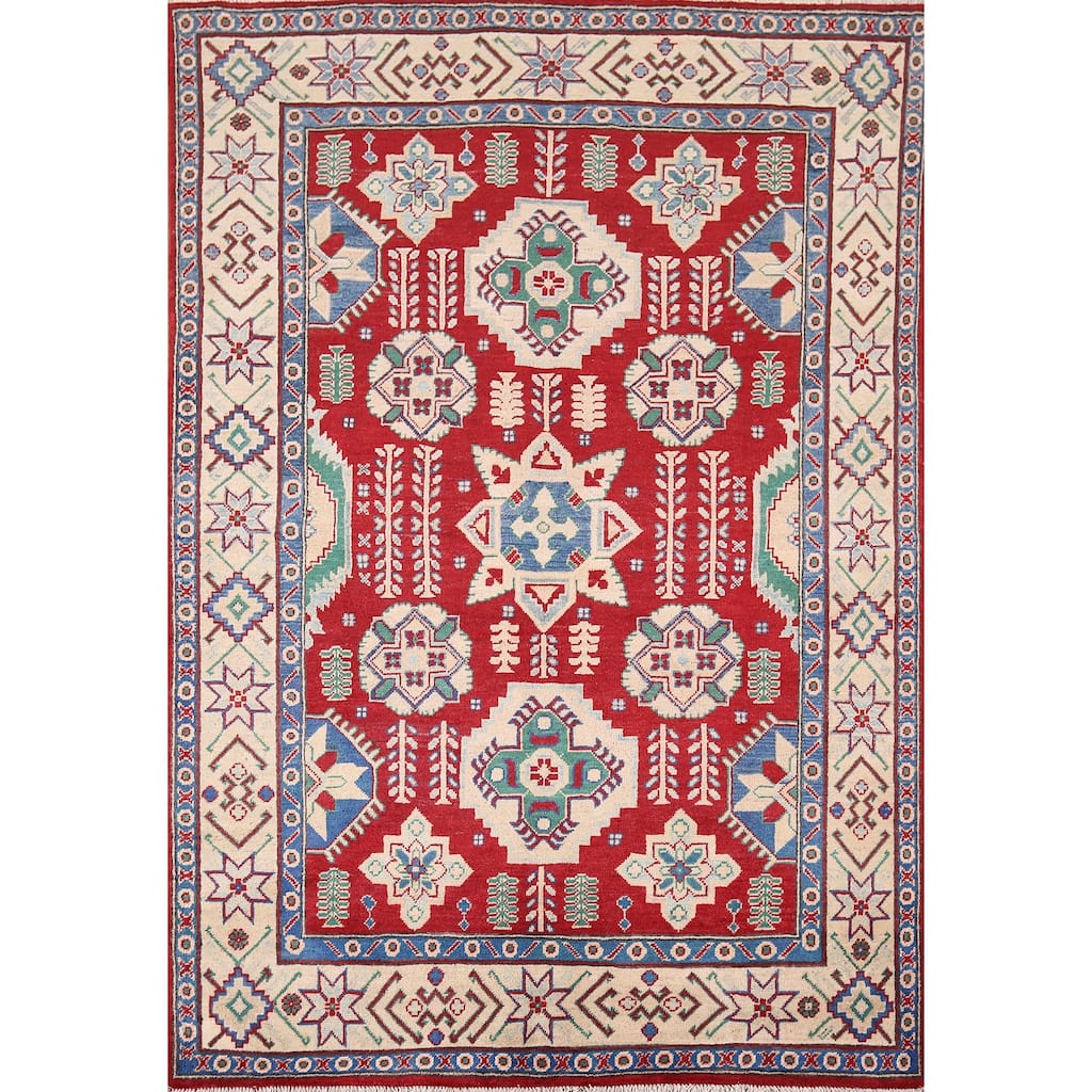 Red Kazak Oriental Area Rug Handmade Traditional Wool Carpet - 5'1" x 6'11"