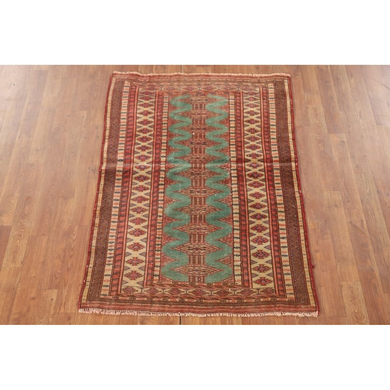 Hand Knotted Oriental 100% Wool Carpet Traditional Geometric Green Bokhara Area Rug - 4' 6'' X 3' 2''